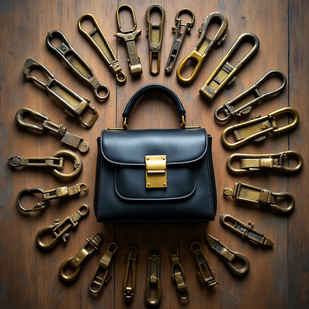 Fibbie metalliche dorate su borsa di pelle nera