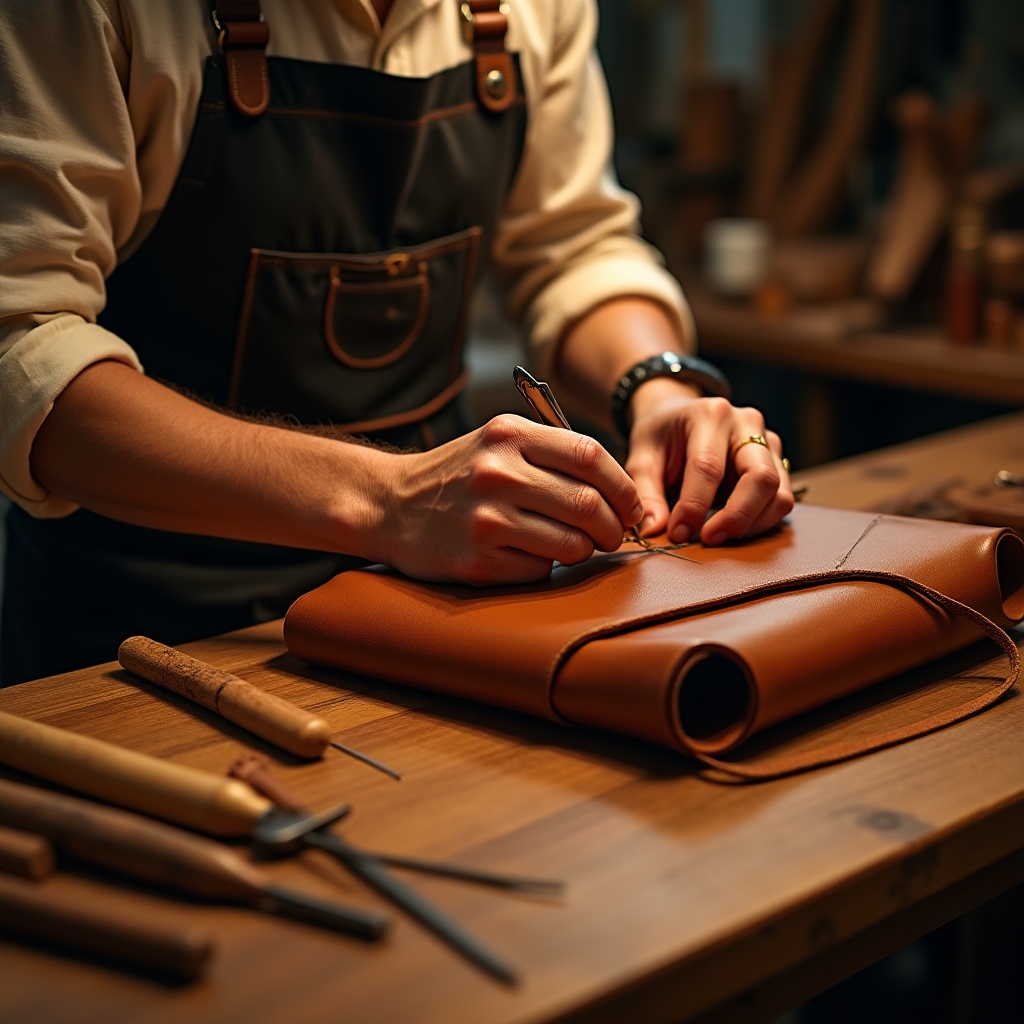 Artigiano al lavoro su una borsa in pelle nel laboratorio Feravrix Lab