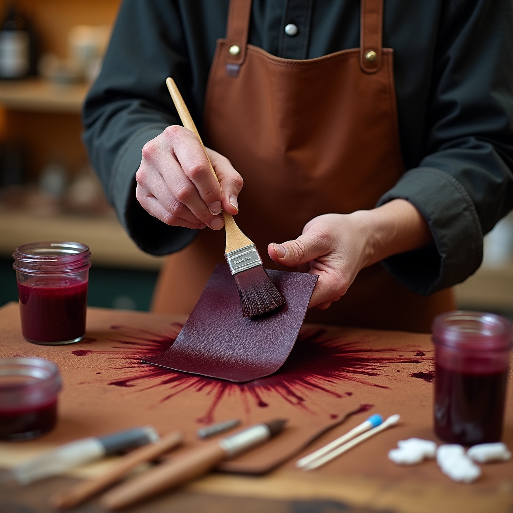 Mani che applicano tintura su una borsa in pelle con pennello