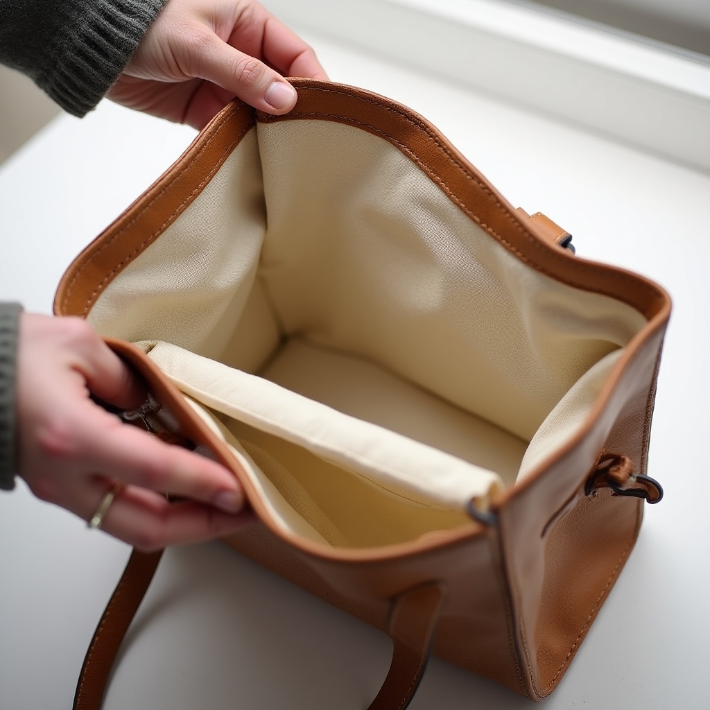 Fodera interna in tessuto beige appena sostituita in una borsa