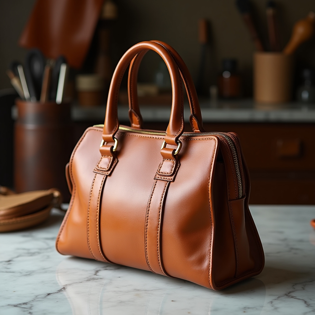 Borsa vintage in pelle cognac restaurata con nuove cuciture e fodera