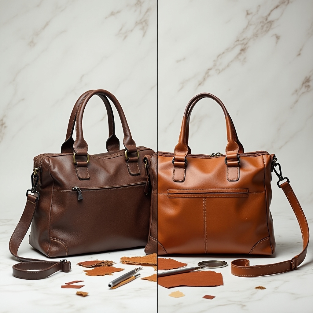 Borsa vintage in pelle prima e dopo la trasformazione in modello contemporaneo