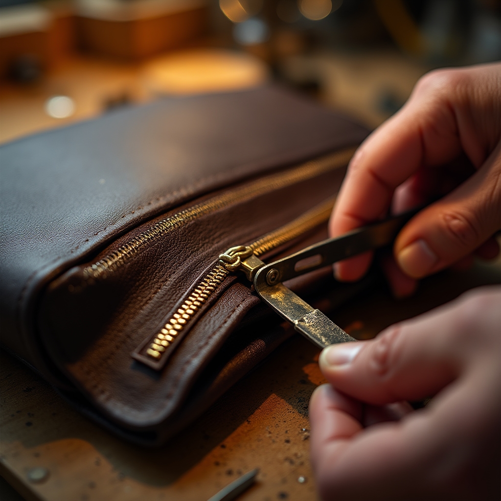 Sostituzione cerniera su borsa in pelle marrone